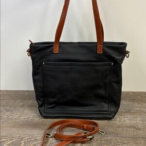 Sasha + Sofi Black Leather Tote with Brown Handles & Removable Strap